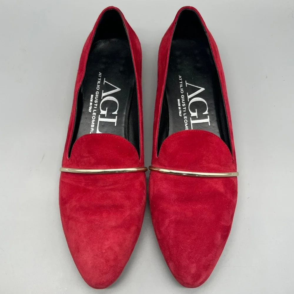 AGL Attilio Giusti Leombruni Red Suede Gold Bar Loafers Flats N542004 40 Italy‎